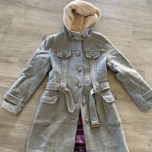 Long Winter Coat with soft furry hood. Light Grey.
